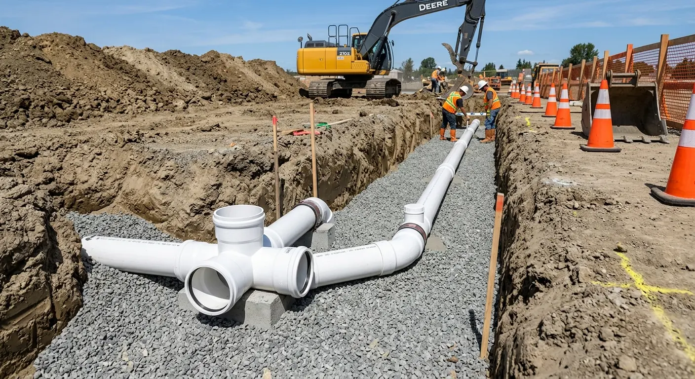 New PVC sewer pipe installation in open trench for Sewer Backup in DeKalb