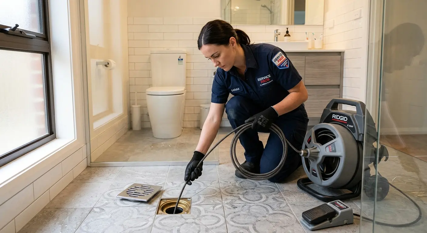 Technician clearing a bathroom floor drain for Drain Cleaning in DeKalb